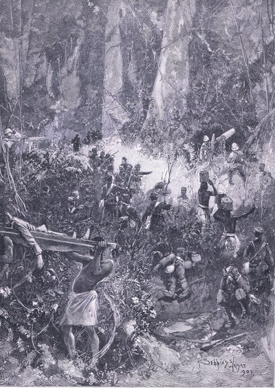 La guerre Ashanti 1900 : Un combat dans la forêt, illustration de l