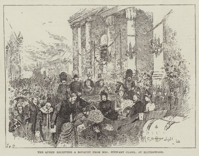 La Reine recevant un bouquet de Mme Stewart Clark, à Blythswood - Henry Charles Seppings Wright