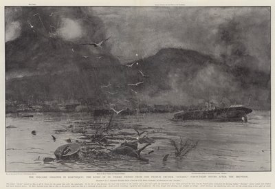 La catastrophe volcanique en Martinique, les ruines de St Pierre vues depuis le croiseur français Suchet, quarante-huit heures après l