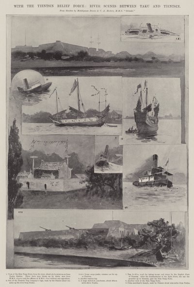 Avec la force de secours de Tientsin, scènes fluviales entre Taku et Tientsin - Henry Charles Seppings Wright