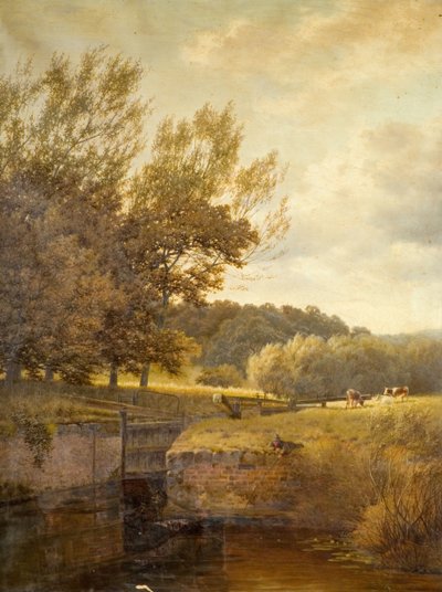 Paysage boisé avec garçon pêchant dans une écluse, 1931 - Henry Cheadle