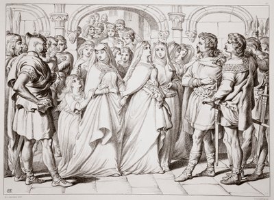 Alftruda reconnaît Hereward, illustration de Hereward the Great par Charles Kingsley, pub. 1870, gravé par C.G. Lewis - Henry Courtney Selous