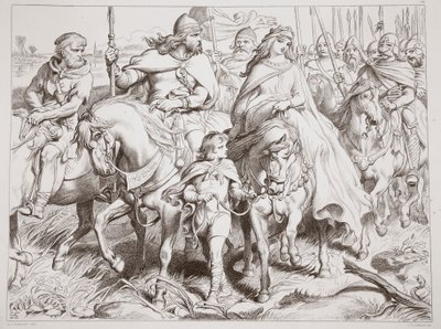 Hereward protège Alftruda vers un lieu sûr, illustration de Hereward the Great par Charles Kingsley, pub. 1870, gravée par C.G. Lewis - Henry Courtney Selous