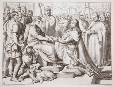 Comment Hereward est venu chez le roi, illustration de Hereward the Great par Charles Kingsley, pub. 1870, gravé par C.G. Lewis - Henry Courtney Selous