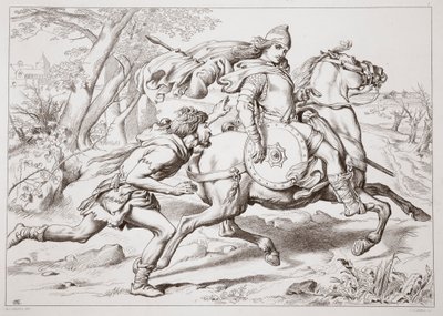 Comment Martin Lightfoot rattrape Hereward, illustration de Hereward the Great par Charles Kingsley, pub. 1870, gravée par C.G. Lewis - Henry Courtney Selous