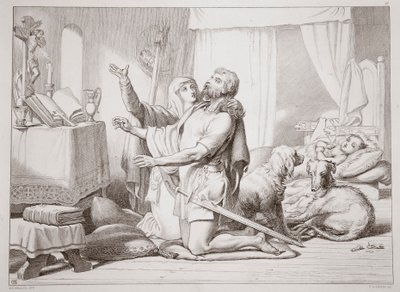 Comment Torfrida apprend à Hereward à prier, illustration de Hereward the Great par Charles Kingsley, gravée par C.G. Lewis - Henry Courtney Selous