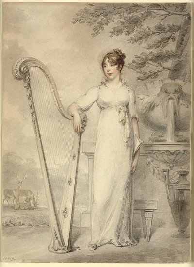 Portrait en pied de "Mlle V. Dupuis" appuyée sur une harpe. En arrière-plan une fontaine et un paysage avec des cerfs - Henry Edridge