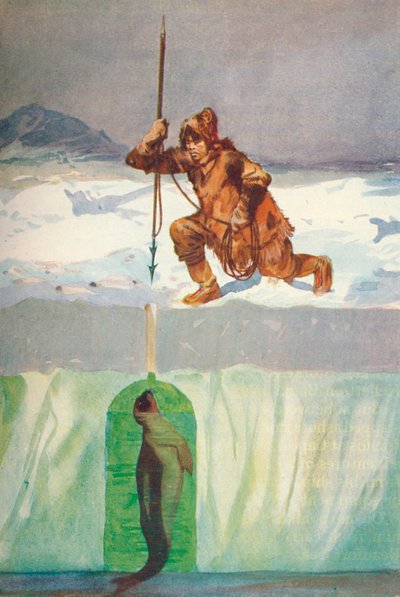 Esquimau sur le point de harponner un phoque à travers son trou de respiration, vers 1927, 1928 - Henry Evison