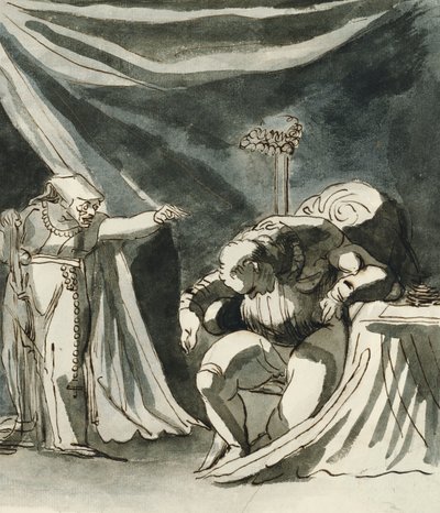 Une vieille femme portant un chapelet maudissant un homme assis ; peut-être la reine Marguerite maudissant le duc de Gloucester - Johann Heinrich Füssli