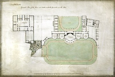 Brighthelmstone, ou Pavillon de Brighton - plan général de la maison et des écuries avec terrains, montrant l
