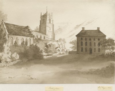 Église de Pattingham et Presbytère : dessin au lavis sépia, 1844 - Henry James Noyes