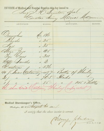 Facture de fournitures médicales et hospitalières, signée Henry Johnson, 30 août 1864 - Henry Johnson