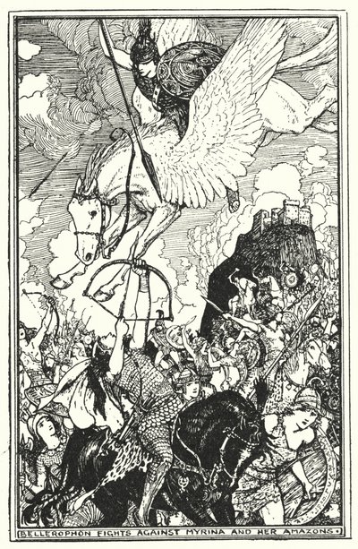 Bellérophon combat Myrina et ses Amazones (lithographie) - Henry Justice Ford