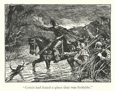 "Cortès avait trouvé un endroit guéable" (gravure) - Henry Justice Ford
