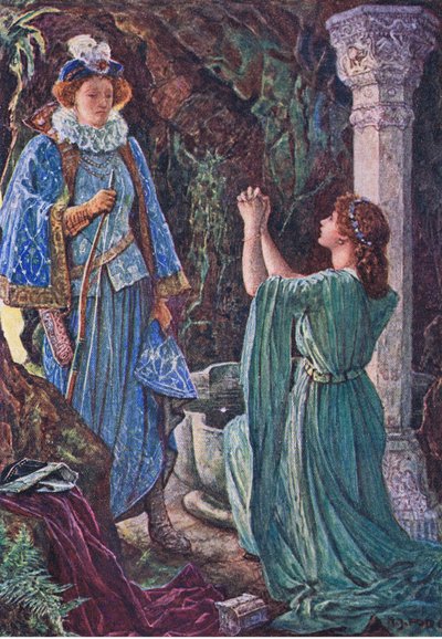 Elizabeth et Amy se rencontrent dans la grotte, illustration de Kenilworth, c.1910 - Henry Justice Ford