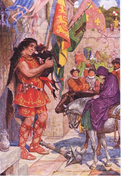 Flibbertibbet déguisé en diable apaise le géant lorsque Wayland amène Amy au château de Kenilworth, illustration de Kenilworth, c.1910 - Henry Justice Ford