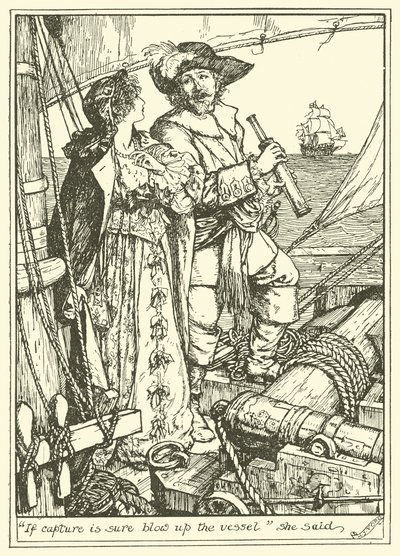 "Si la capture est certaine, faites sauter le navire" dit-elle (gravure) - Henry Justice Ford