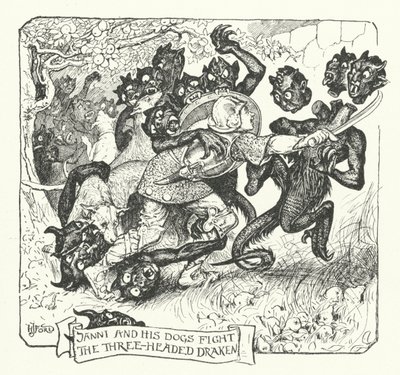 Janni et ses chiens combattent le dragon à trois têtes (gravure) - Henry Justice Ford