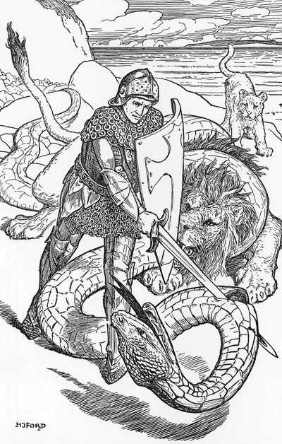 Perceval combattant le serpent Illustration par HJ Ford (1860-1940) de « Le livre de la romance » 1902 Collection privée - Henry Justice Ford