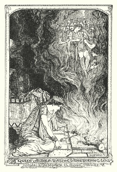 La reine Althea regarde la bûche brûlante tandis que Méléagre meurt dehors (litho) - Henry Justice Ford