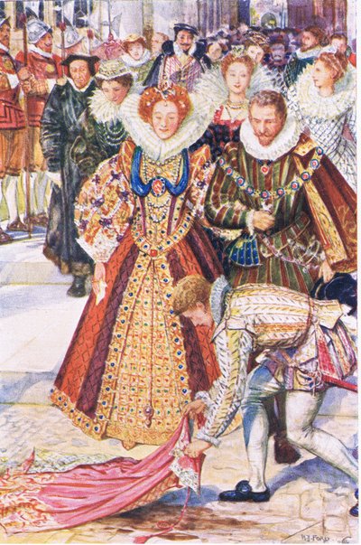 Walter Raleigh sacrifie son manteau pour la reine Elizabeth, illustration de Kenilworth, c.1910 - Henry Justice Ford