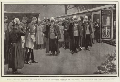 Funérailles de la reine Victoria, le roi et les membres de la famille royale saluant alors que le cercueil était transporté vers le train à Paddington - Henry Marriott Paget