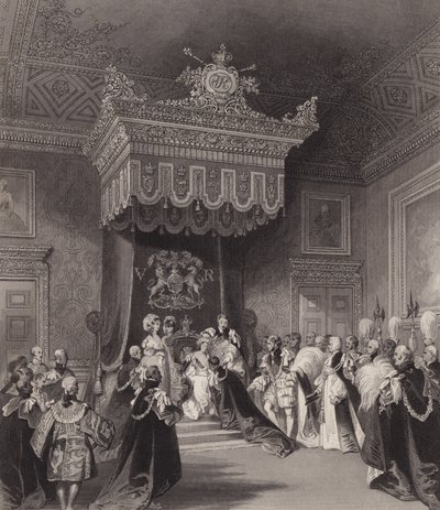 La reine Victoria sur le trône, palais de St James, Londres - Henry Melville