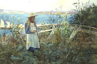 Une fille dans un jardin au bord de la mer - Henry Meynell Rheam