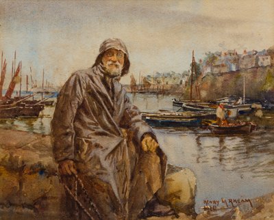 Pêcheur sur le mur du port de Newlyn, 1920 - Henry Meynell Rheam