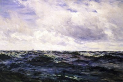 Paysage marin, avec un panneau de bateau à gauche, et un cutter représenté au milieu d