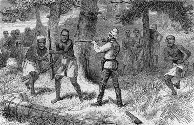 Rébellion des indigènes le long des rives de la rivière Gombe, Tanzanie, gravure de Comment j