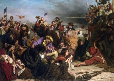Adieu des immigrants, sur un quai de la Tamise (Angleterre), description de groupes de personnes de tous âges et classes sociales, ainsi que des marins en chemises rouges et bleues sur le bateau saluant la foule - Henry Nelson O