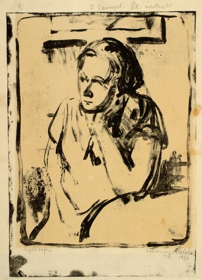 Femme assise à une table ronde avec la main sous la joue - Henry Nielsen