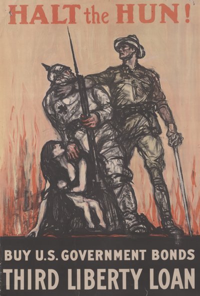Arrêtez le Hun ! Achetez des obligations du gouvernement américain, Troisième emprunt de la liberté, vers 1918 (lithographie en couleur) - Henry Patrick Raleigh