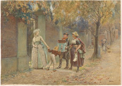 Homme avec une boîte à images et une vendeuse de chansons - Henry Reynolds Steer (signed by artist)