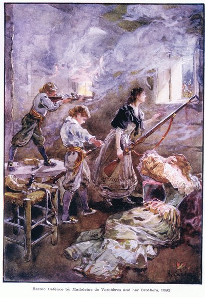 Défense héroïque par Madeleine de Verchères et ses frères 1692, vers 1920 - Henry Sandham