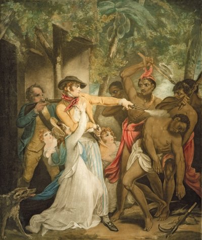 La famille colonisatrice attaquée par des sauvages, gravée par George Keating - Henry Singleton