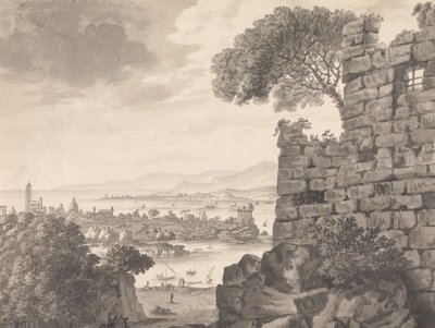 Paysage avec ruines au premier plan, port et village en arrière-plan - Henry Swinburne