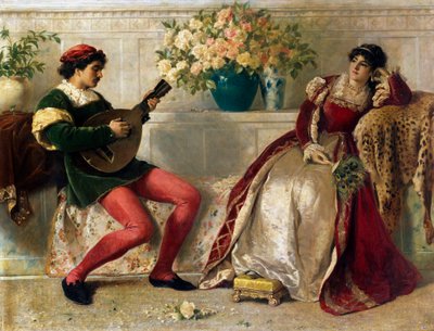 "Le temps des Roses" Un jeune musicien jouant pour une dame, richement vetue de velours, un eventail de plumes de paon a la main, elle est appuyee sur une peau de guepard. Peinture de Henry Thomas Schaefer (1845-1915) 1877 Collection privee - Henry Thomas Schaefer