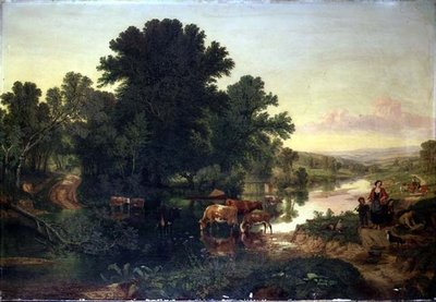 Paysage fluvial boisé avec bétail s