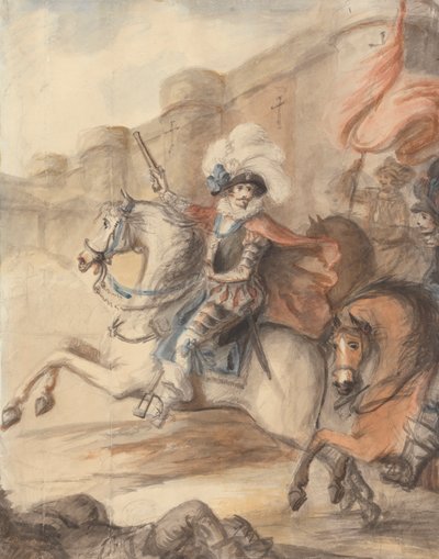 Un officier de cavalerie (Henri IV) menant une charge devant un château - Henry William Bunbury