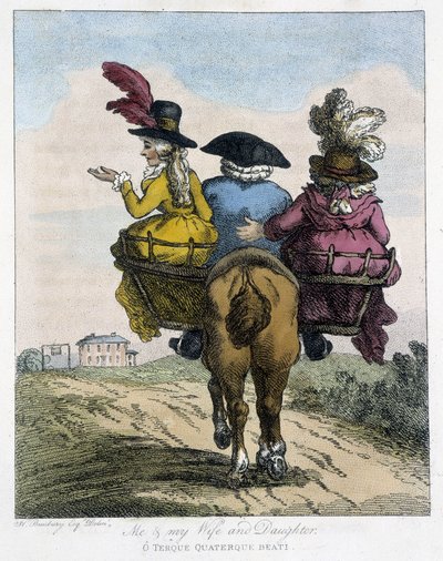 Moi avec ma femme et ma fille - dans "Caricatures anglaises sur les manières de monter à cheval", ill. par H. W. Bunbury, éd. John Stockdale - Henry William Bunbury