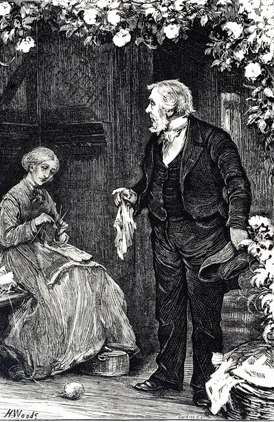 Gravure représentant une femme tricotant - Henry Woods
