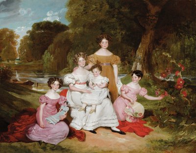 Portrait de groupe de la famille Ward Hunt dans un paysage devant une rivière - Henry Wyatt