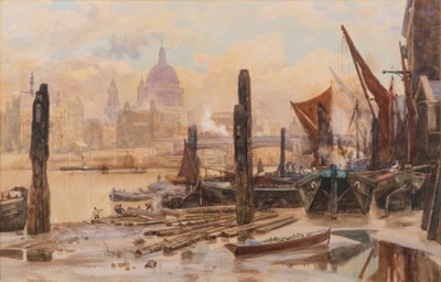 Barges amarrées sur la Tamise; St Pauls et le pont de Blackfriars au loin - Herbert Menzies Marshall