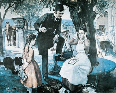 Le vendeur de lunettes à la fin des années 1800, publicité pour l