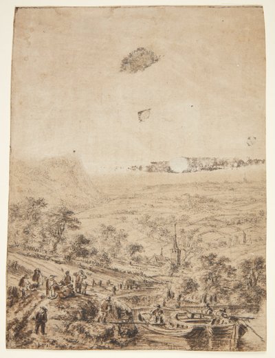 Paysage panoramique avec paysans, pêcheurs et une église de village - Herman Saftleven