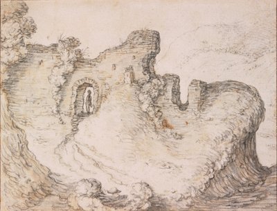 Paysage rocheux avec ruines, formant le profil d