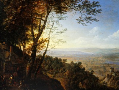 Paysage boisé avec paysans près d