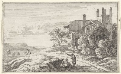 Bâtiment avec une tour carrée (Titreblad en twaalf gezichten op Rome) - Herman van Swanevelt